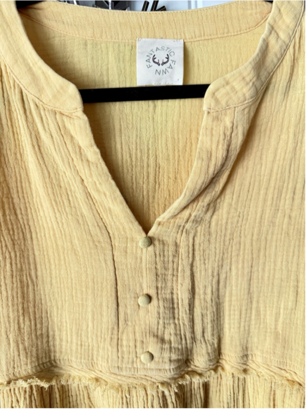 Fantastic Fawn Yellow Gauze Tunic Top Dress Boho L Cotton Frayed Detail Pockets - Picture 3 of 5